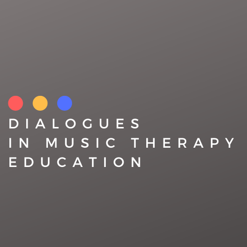Red, yellow, and blue circles above the words "Dialogues in Music Therapy Education" in white lettering on a grey background.